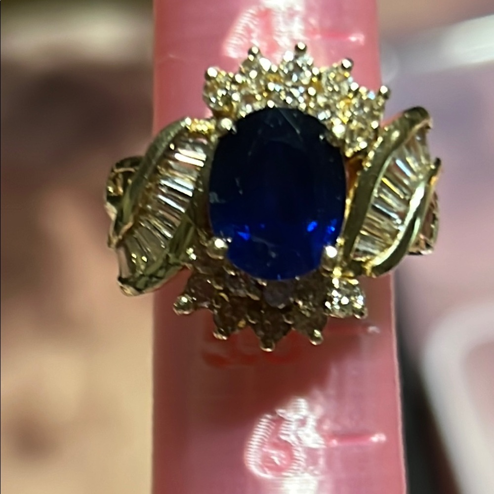 14k Elegant Gold and sapphire, diamond Gemstone Ring.